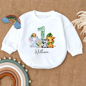 Personalized Safari Romper Sweatshirt, Jungle Animal Birthday Baby Outfit, Cute First Birthday Bodysuit,Baby Shower Gift,Toddler Zoo Clothes
