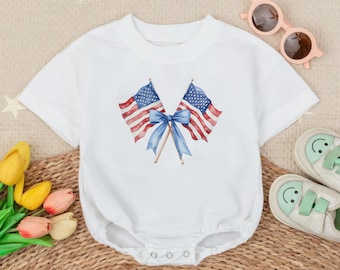 American Flag Romper Sweatshirt, 4th of July Baby Outfit, Patriotic Baby Clothes, USA Baby Romper, Summer Baby Bodysuit, Baby Shower Gift