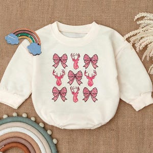 Deer and Bow Romper Sweatshirt, Pink Camo Coquette Bow Deer Hunting Camouflage Baby Outfit, Cute Baby Romper for Baby Girl, Baby Shower Gift