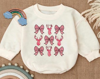 Deer and Bow Romper Sweatshirt, Pink Camo Coquette Bow Deer Hunting Camouflage Baby Outfit, Cute Baby Romper for Baby Girl, Baby Shower Gift