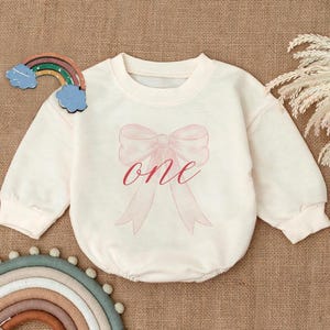 First Birthday Romper Sweatshirt, Pink Bow Design Baby Romper, One Year Old Outfit, 1st Birthday Baby Girl Clothes, Toddler Party Outfit