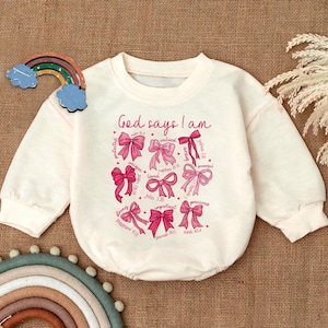 Christian Baby Romper Sweatshirt, God Says I Am Babywear, Bible Verse Baby Bodysuit, Faith-Based Gift for Kids, Inspirational Toddler Outfit