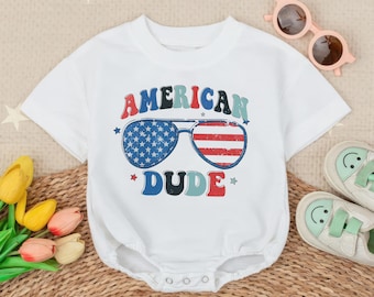 American Dude Baby Romper Sweatshirt, Patriotic Baby Clothes, 4th of July Baby Outfit, USA Baby Shower Gift, Trendy Summer Newborn Outfit