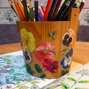 Pansies Painted on A Wooden Bucket