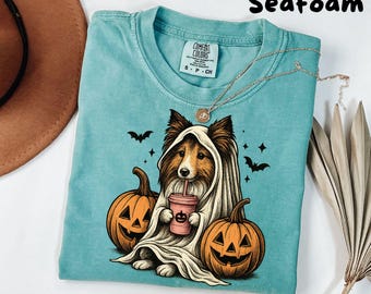 Halloween-shirt| T-shirt Shetland Sheepdog Ghost | Griezelig seizoen| Retro Halloween-shirts| Halloween-shirt| Herfstshirt pompoen| Sheltieshirt