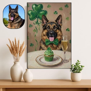 May include: A framed painting of a German Shepherd wearing a green bow tie, with a green cupcake and champagne glass on a table. A green shamrock balloon and shamrock accents are in the background. A smaller portrait of the dog is in the upper left corner.
