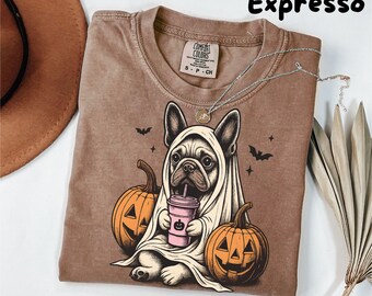 Camiseta de Halloween/Camiseta fantasma de bulldog francés/Temporada espeluznante/Camisetas retro de Halloween/Camiseta de Halloween de bulldog francés/Camiseta de calabaza