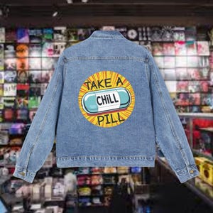 Take A Chill Pill, 1980s, coat, denim trucker jacket, womens denim jacket, denim jacket outfit, jacket, oversized denim jacket, gift ideas