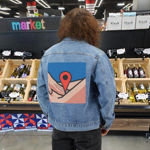 Destination, denim trucker jacket, womens denim jacket, denim jacket outfit, creative present ideas, jacket, oversized denim jacket