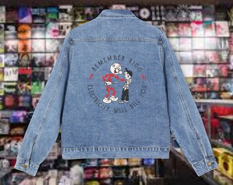 Remember Kids, Electricity Kills. coat, denim trucker jacket, womens denim jacket, denim jacket outfit, jacket, oversized denim jacket