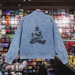 Rorschach Buddha, coat, denim trucker jacket, womens denim jacket, denim jacket outfit, jacket, oversized denim jacket, gift ideas