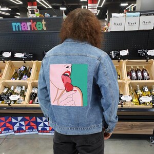 Fruity, denim trucker jacket, womens denim jacket, denim jacket outfit, creative present ideas, jacket, oversized denim jacket