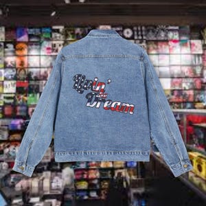 Livin&#39; The Dream, coat, USA, denim trucker jacket, womens denim jacket, denim jacket outfit, jacket, oversized denim jacket, gift ideas