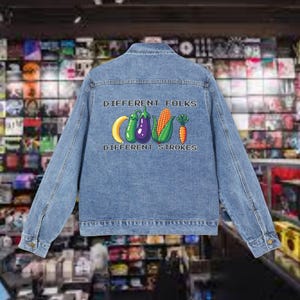 Different folks different strokes, coat, denim trucker jacket, womens denim jacket, denim jacket outfit, jacket, oversized denim jacket,gift