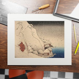 Nichiren nella neve a Tsukahara sull'isola di Sado, opera d'arte incorniciata su carta da parati, arte murale per soggiorno, arte da bagno, decorazione, arte murale con cornice per passepartout