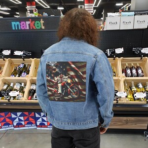 God Bless The USA, denim trucker jacket, womens denim jacket, denim jacket outfit, creative present ideas, jacket, oversized denim jacket