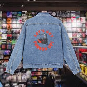 Let&#39;s Get Forked Up! coat, denim trucker jacket, womens denim jacket, denim jacket outfit, jacket, oversized denim jacket, gift for friends