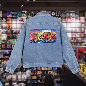 Tubular, 80s, surf, 1980s, coat, denim trucker jacket, womens denim jacket, denim jacket outfit, jacket, oversized denim jacket, gift ideas