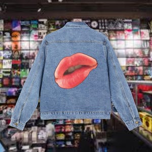 Lips. coat, denim trucker jacket, womens denim jacket, denim jacket outfit, jacket, oversized denim jacket, gift for friends