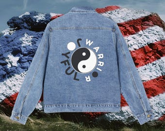 Vintage JOYFUL WARRIOR! Graphic Denim Jacket for Trendy Men, Casual Streetwear, Gift for Him, Summer/Fall Fashion, Patriotic Style, gag gift