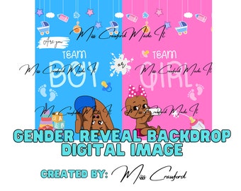 Gender Reveal Digital Backdrop: Team Boy or Team Girl (African American Babies/Brown/Black Babies), Baby Shower Blue Pink Backdrop