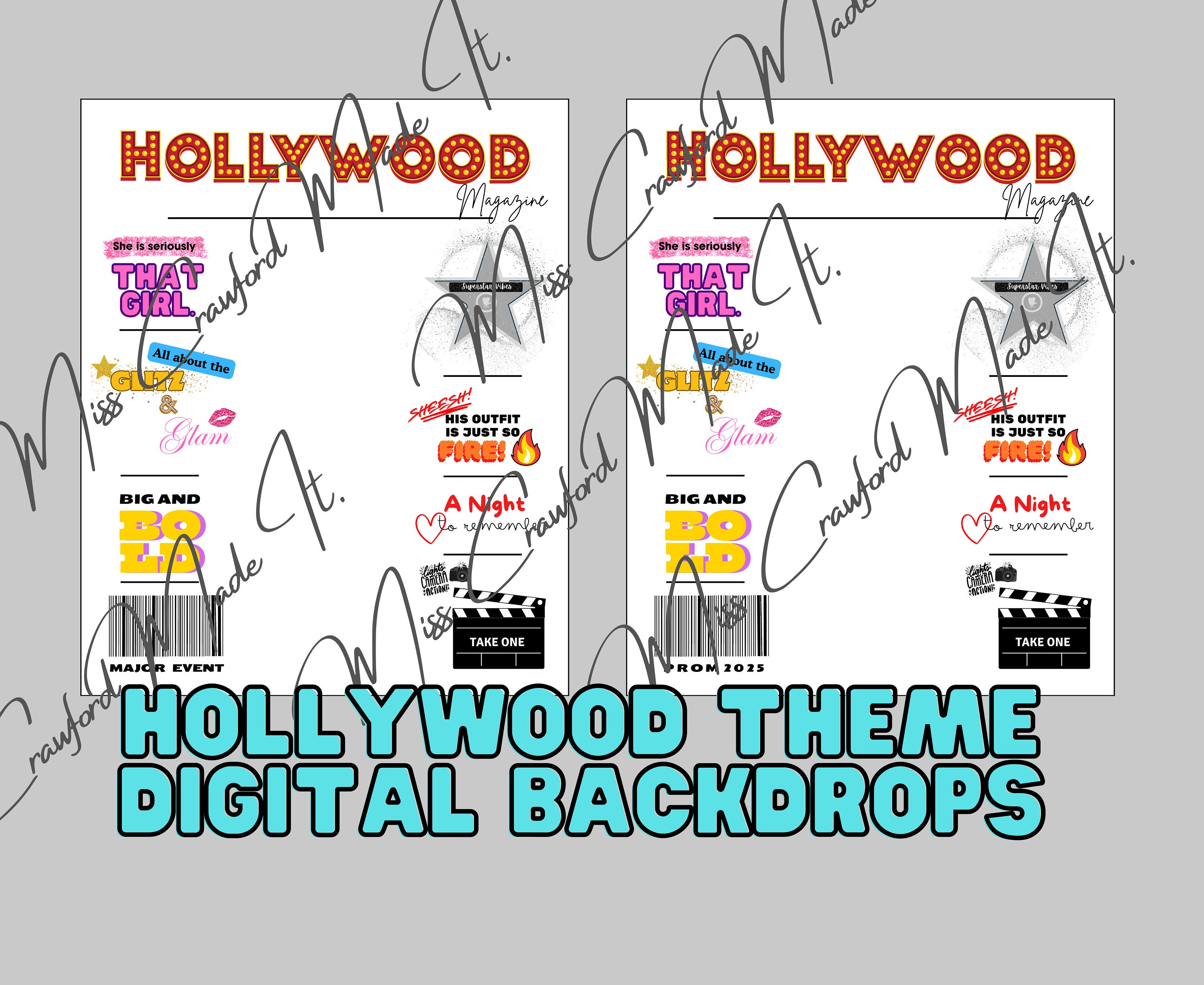 Hollywood Theme Digital Backdrops: Prom, Major Event, Celebration, Movie Theme, Glitz and Glam, Party, Superstar, Red Carpet, Photo Booth.