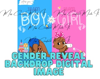 Gender Reveal Digital Backdrop: Team Boy or Team Girl (African American/Brown/Black Babies), Baby Shower Blue Pink Backdrop Vertical