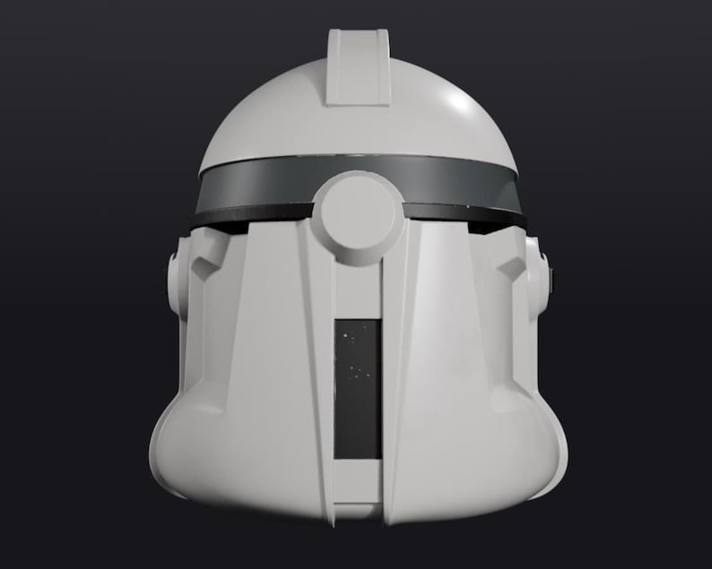 Pode incluir: Um capacete branco e cinza com uma viseira escura. O capacete tem um topo arredondado com um detalhe retangular e detalhes circulares nas laterais. O design &eacute; sim&eacute;trico e futurista, sobre um fundo escuro.