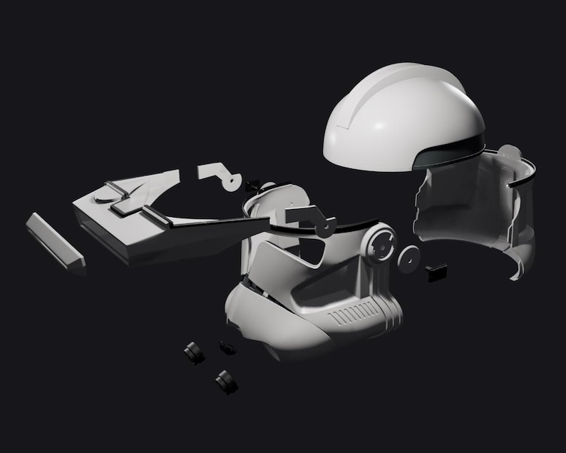 Pode incluir: Capacete branco decomposto com v&aacute;rios componentes separados, incluindo uma viseira, pe&ccedil;as das bochechas e uma se&ccedil;&atilde;o superior. O capacete parece ter um design futurista, possivelmente para cosplay ou uma fantasia. A imagem est&aacute; em um fundo escuro.