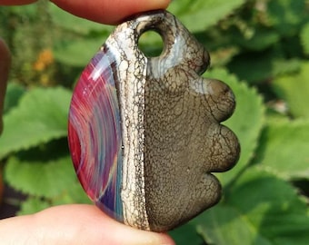 Gray and Purple Glass Art Pendant - Flat Lampwork Glass Bead