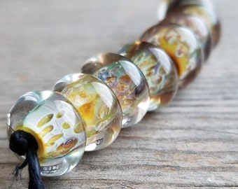 Sale -Set of Nine Amber Glass Frit Lampwork Beads, Handmade Jewelry Supply