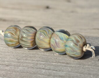 Sale - Striped Amber Set of Lampwork Glass Beads, Handmade Jewelry Supplies