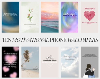 Puede incluir: Diez fondos de pantalla de teléfono motivacionales con citas e imágenes inspiradoras. Los fondos de pantalla presentan una variedad de diseños, que incluyen una puesta de sol sobre el océano, una cordillera, una palmera en una playa y un corazón con una huella digital. Las citas incluyen "Perdona el pasado, vive el presente, planea para el futuro", "Cuando te riegas a ti mismo, creces", "Chica, sigue adelante y confía en el proceso", "Días mejores están por venir", "Soy único", "Estoy diseñando mi vida", "Soy resiliente y puedo superar cualquier desafío", "Estoy agradecido por cada momento y abrazo la vida con un corazón abierto", y "A la mujer que fui, te amo. A la mujer que soy, estoy orgullosa de ti. A la mujer en la que me estoy convirtiendo, estoy emocionada por ti."