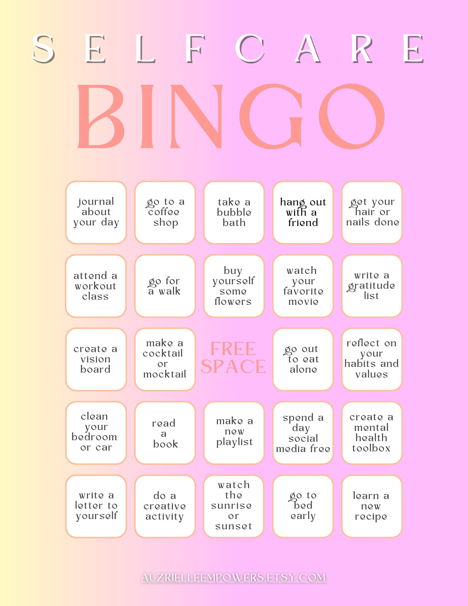 Self Care Bingo Self Care Printable Self Care Digital Download