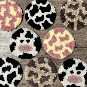Tufted Mug Rugs, Punch Needle Coasters, Punch Needle Mug Rugs, Handmade Mug Rug, Cow Designs