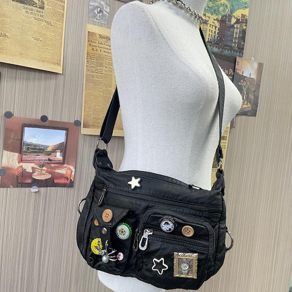 Y2K Black Super Cute Pu Leather Crossbody Bag, Random Button Bottle Cap Design Shoulder Bag, Unisex Trendy Messenger Shoulder Bag - Etsy Y2K Black Super Cute Pu Leather Crossbody Bag, Random Button Bottle Cap Design Shoulder Bag, Unisex Trendy Messenger Shoulder Bag - Etsy