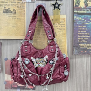 Y2K Rot Y2K Handgemachte Katze Patch Umhängetasche Pendler Hot Girl Schultertasche Super süße PU Leder Crossbody Bag