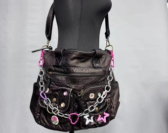 Dark Gold Color Girl Messenger Bag Crossbody Bag Schoolbag Y2k Style Star Chain Bag Goth Bag PU Leather Bag Handmade Bag Gift Unique Bag