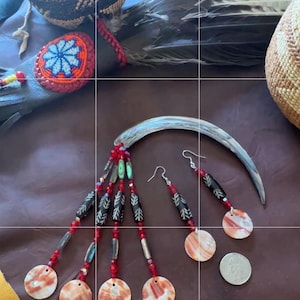 Indigenous Handmade Jewelry Set, Abalone Shell Bone Bead Earrings & Hair Stick, Red Glass Beaded Tribal Boho Statement Set