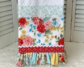 Red floral Kitchen towel lace trim Retro Cottage Farmhouse cotton Vintage Style fashioned from Pioneer Woman fabrics