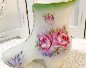 Vintage 1960s Victorian Boot Vase Pink Roses