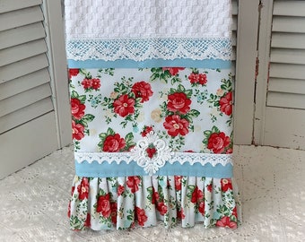Red Roses  Kitchen towel lace trim Retro Cottage Farmhouse cotton Vintage Style fashioned from Pioneer Woman fabrics