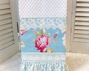 Kitchen towel; Pink Roses on Aqua lace trim