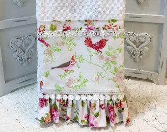 Pink Roses & Birds Kitchen towel lace trim Shabby Cottage Farmhouse cotton Vintage Style