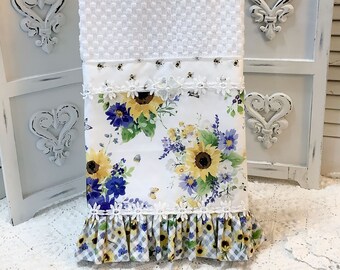Sunflowers & Bees Kitchen towel lace trim Shabby Cottage Farmhouse cotton Vintage Style Perfect Gift