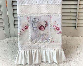 Christmas Kitchen towel lace trim "The Most Wonderful Time of the Year" Shabby Cottage Farmhouse cotton Vintage Style