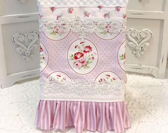 Pink floral Cameo Kitchen towel lace trim Shabby Cottage Farmhouse cotton Vintage Style Free Ship USA