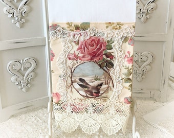 Guest/Tea towel cotton Vintage Style Bird and Pink Rose Bed and Breakfast decor Hostess Gift towel Victorian decor Free Ship USA