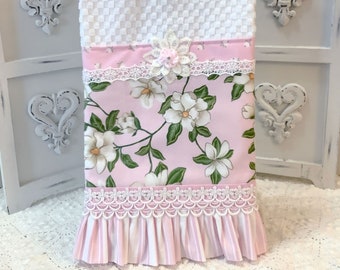 Pink Dogwood Kitchen towel lace trim Shabby Cottage Farmhouse cotton Vintage Style