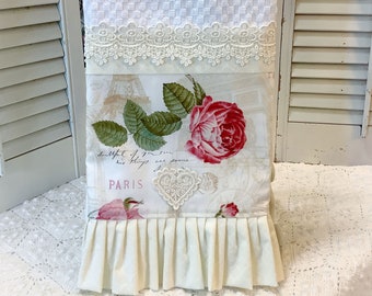 Pink Rose in Paris Kitchen towel lace trim Eiffel tower French Shabby Cottage Farmhouse cotton Vintage Style